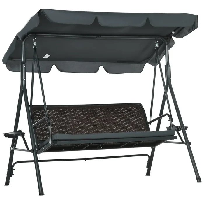 Outsunny Columpio de Jardín de 3 Plazas Banco Balancín para Exterior con Toldo Ajustable Asiento de Ratán 2 Portavasos 2 Bandejas y Marco de Acero Carga 320 kg para Terraza Patio 204x112x150 cm Gris