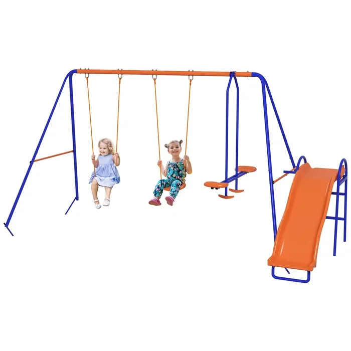 Outsunny Columpio Infantil 4 en 1 Columpio para Niños con 2 Columpios Individuales 1 Columpio del Planeador 1 Tobogán Cuerda Ajustable y Anti-UV para Exterior Multicolor