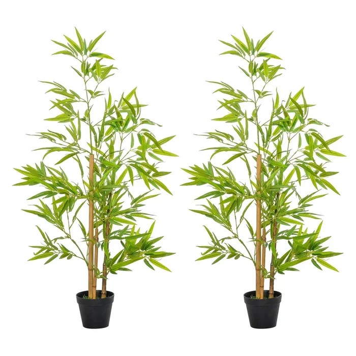 Outsunny Conjunto de 2 Bambús Artificiales 120 cm Árboles Artificiales Plantas Artificiales con Maceta para Interior Exterior Hogar Salón Oficina Verde