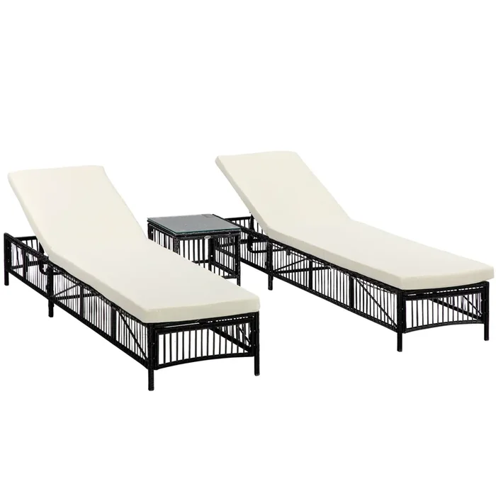 Outsunny Conjunto de 2 Tumbonas de Ratán Tumbonas de Jardín con Mesa de Centro Respaldo Ajustable en 5 Niveles y Cojines 196x54x32 cm Negro