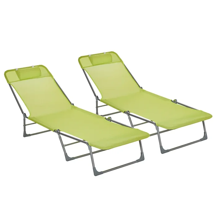 Outsunny Conjunto de 2 Tumbonas Plegables Tumbonas de Jardín Reclinables con Respaldo Ajustable en 5 Posiciones y Reposacabezas Carga 120 kg para Terraza Piscina Playa 182x56x24,5 cm Verde
