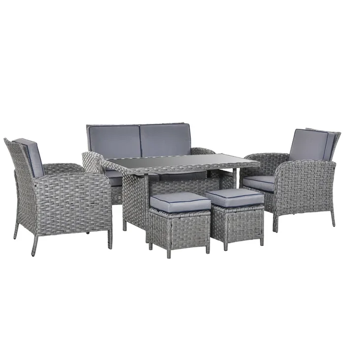 Outsunny Conjunto de Muebles de Jardín 6 Piezas de Ratán con Mesa de Centro Sofá Doble 2 Sillones Individuales 2 Taburetes con Cojines para Patio Porche Terraza Gris