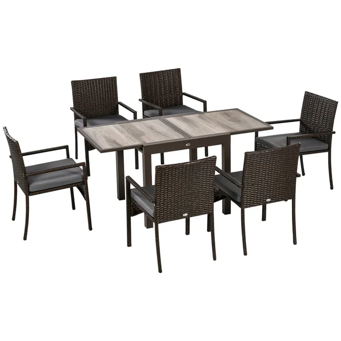 Outsunny Conjunto de Muebles de Ratán Sintético de Jardín 7 Piezas Marco de Aluminio Juego de Comedor con Mesa Extensible 6 Sillas de Asientos Acolchadas para Terraza Patio Balcón Marrón