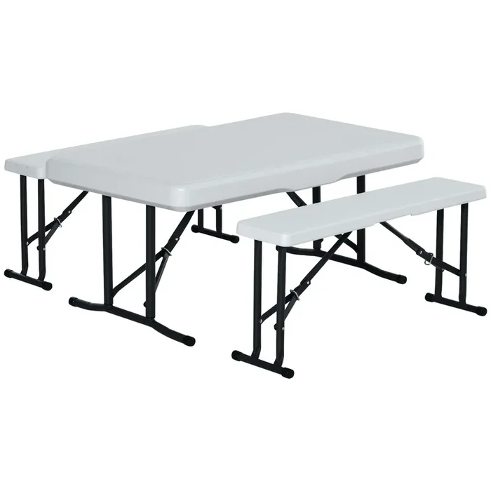 Outsunny Conjunto Mesa y 2 Bancos Plegables de Jardín Muebles para Camping Picnic Multiusos Mesa de 103x63x76 cm y Asiento de 84,5x20x40 cm Blanco