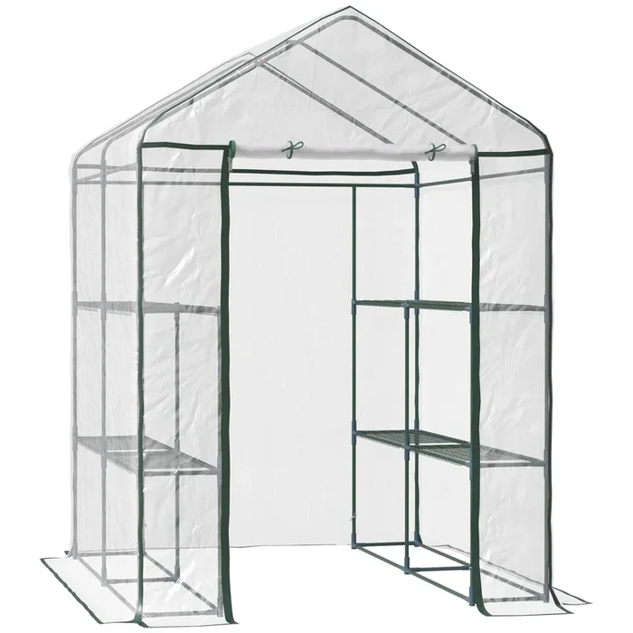 Outsunny Invernadero de Exterior Invernadero de Jardín de 3 Niveles con Estantes Marco de Acero Cubierta de PVC para Cultivo de Plantas Flores Verduras 143x143x195 cm Translúcido y Verde