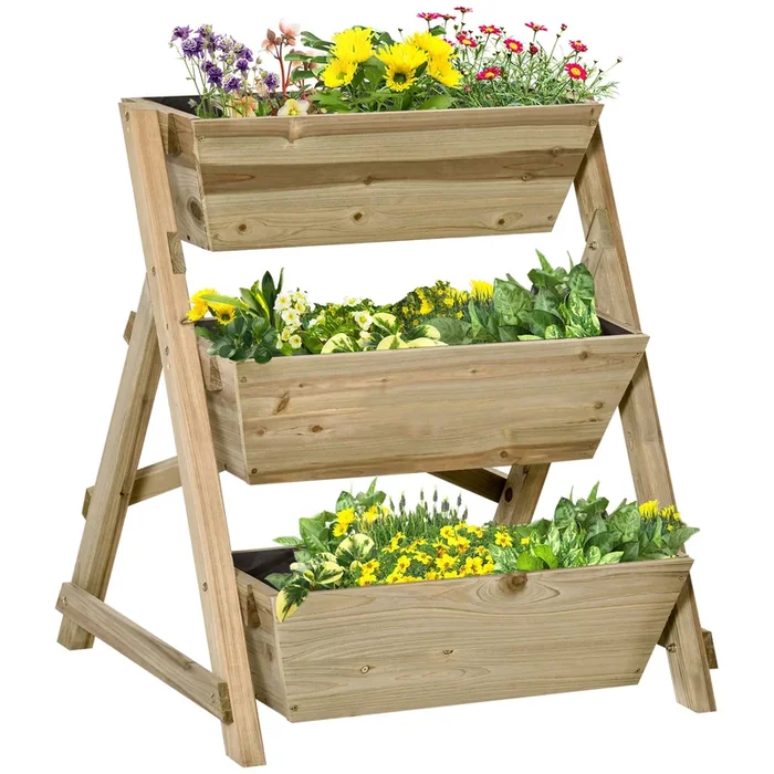 Outsunny Jardinera de Escalera de 3 Niveles Maceteros de Madera Jardinera Vertical con Tela no Tejida y Orificios de Drenaje Huerto Urbano para Plantas Macetas Flores Jardín 71x61x77 cm Natural