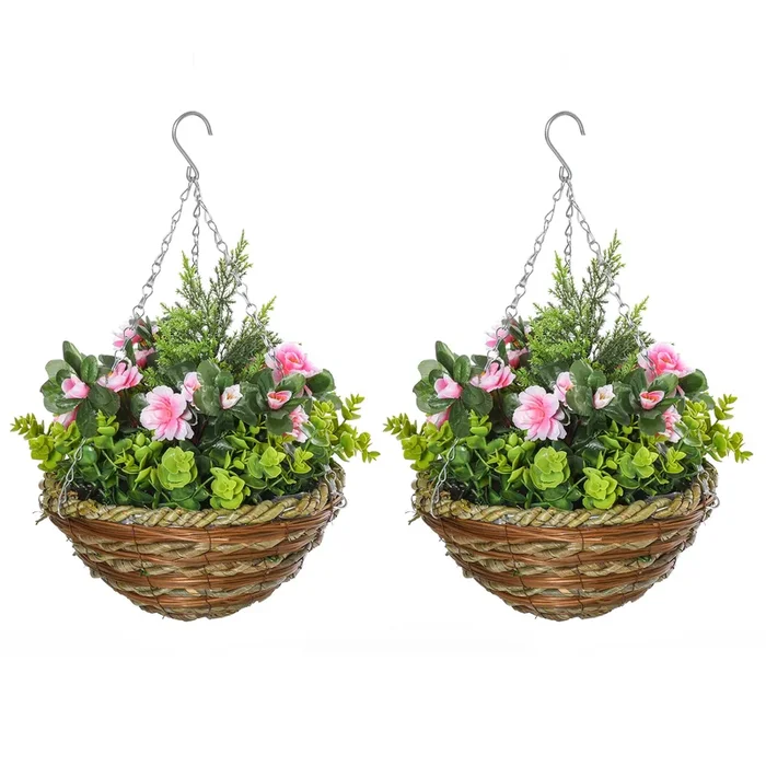 Outsunny Juego de 2 Plantas Colgantes de Lisianthus Sintéticas para Interior con Maceta de Mimbre y Cadenas Ø25×34 cm Rosa y Verde