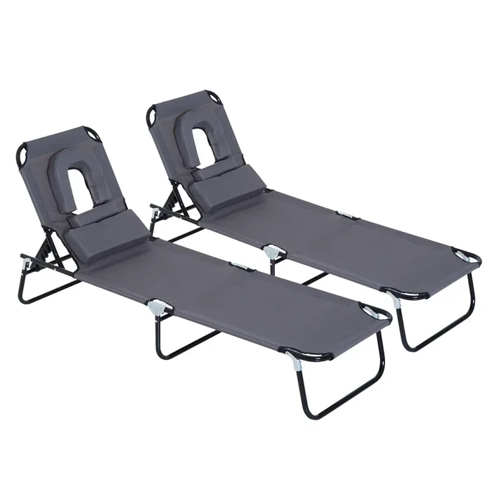 Outsunny Juego de 2 Tumbonas Plegables Tumbonas de Jardín con Respaldo Ajustable en 4 Posiciones Orificio de Lectura y Almohada para Camping Playa Terraza 190x56x28 cm Gris