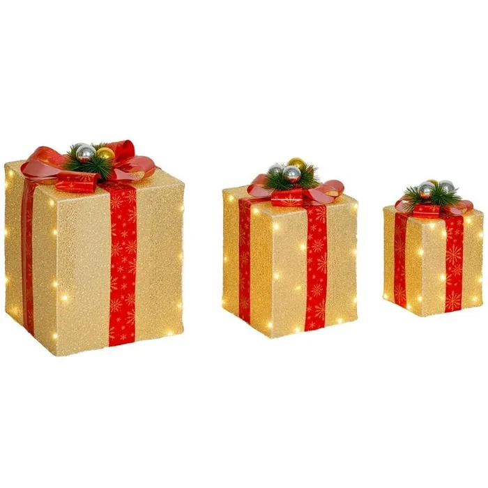 Outsunny Juego de 3 Cajas de Regalo Navidad con Luces, Adornos Luminosos para Árbol de Navidad con 58 LED Blanco Cálido, Illuminación Navideña para Interior, Exterior y Fiesta, Dorado