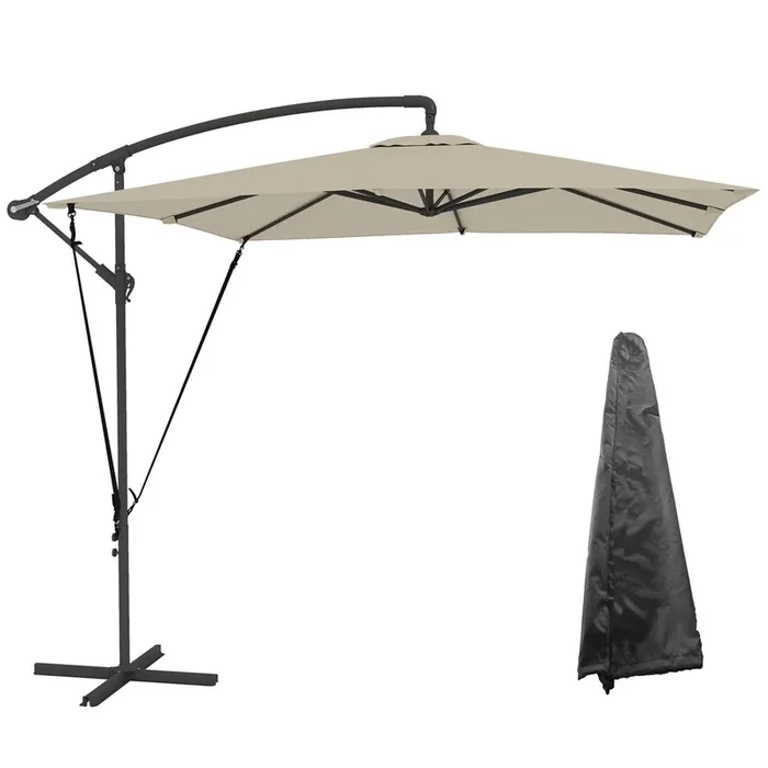 Outsunny Parasol Excéntrico 247×247 cm Sombrilla de Jardín con Base Cruzada Cubierta Ajustable Manivela Funda Protectora y Cuerda de Viento Anti-UV 50+ Sombrilla para Terraza Patio Caqui
