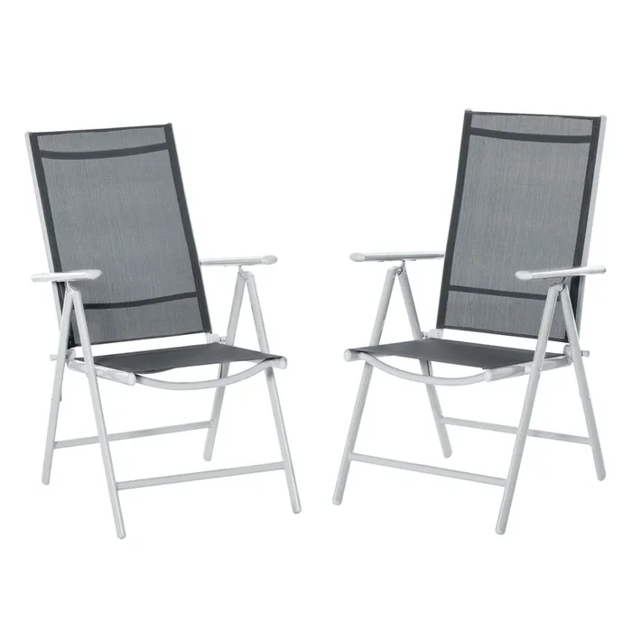 Outsunny Set de 2 Sillas de Comedor de Jardín Plegables de Aluminio con Respaldo Alto Ajustable de 7 Niveles y Reposabrazos Transpirable 65x55x107 cm Gris