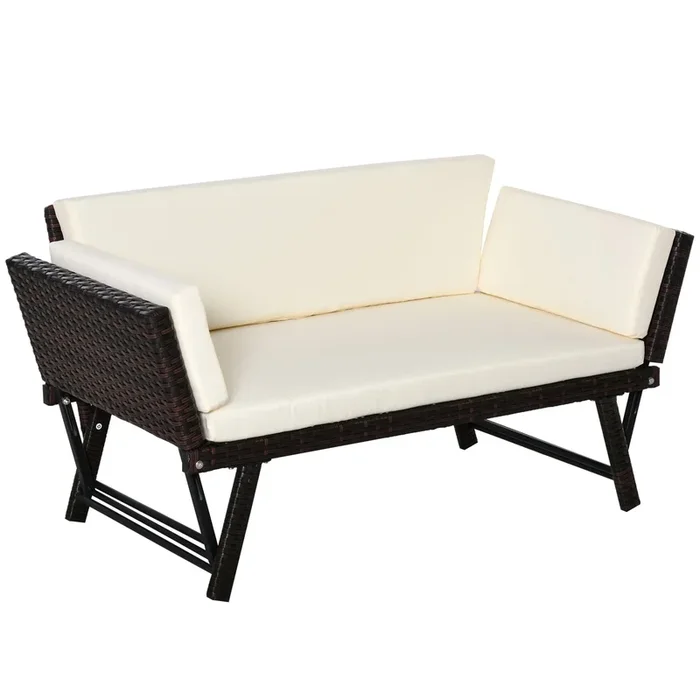 Outsunny Sofá de Ratán de 2 Plazas Convertible en Cama Individual con Reposabrazos Abatibles y Cojines Acolchados Sofá Doble para Exterior Jardín Patio Terraza 129x63x67 cm Beige