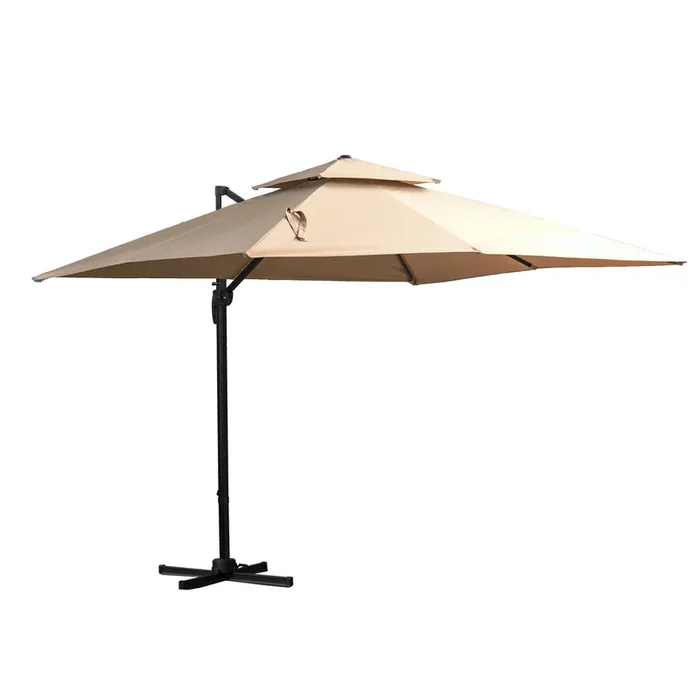 Outsunny Sombrilla de Jardín 300×300 cm Parasol de Aluminio con Manivela Poste Giratorio 360° Doble Techo Inclinable en 6 Posiciones y Base Cruzada Incluida Caqui