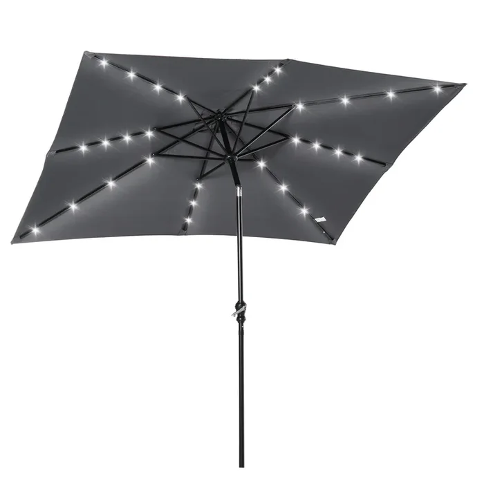 Outsunny Sombrilla Terraza Exterior 268x205x248 cm Sombrilla de Jardín con Techo Inclinable hasta 45° Luces LED Solares Poste de Acero y Manivela Parasol para Patio Terraza Gris Oscuro