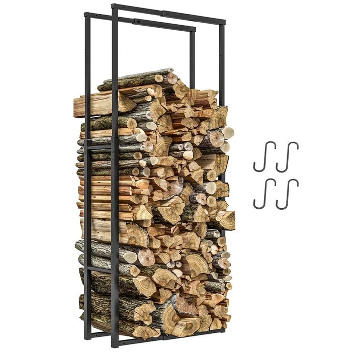 Outsunny Soporte para Leña Extensible Estante de Leña Metálico Leñero con 4 Ganchos Carga 100 kg para Interior y Exterior 40-65x25x100-150 cm Negro