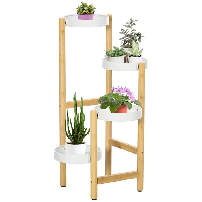 Outsunny Soporte para Plantas Estantería para Plantas con Pies de Bambú Estantería para Flores con 4 Estantes Redondos Carga 20 kg para Interior y Exterior Ø28×80 cm Natural y Blanco