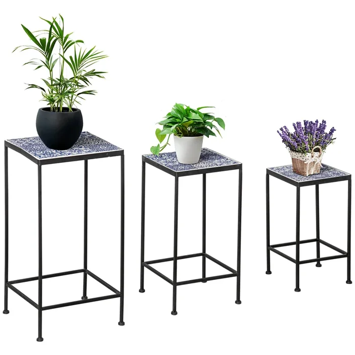 Outsunny Soportes para Plantas de Metal 3 Piezas Apilables Estantes Porta Macetas con Encimera de Azulejo Decorativa para Interiores y Exteriores 31,5×31,5×60,5 cm Azul y Negro