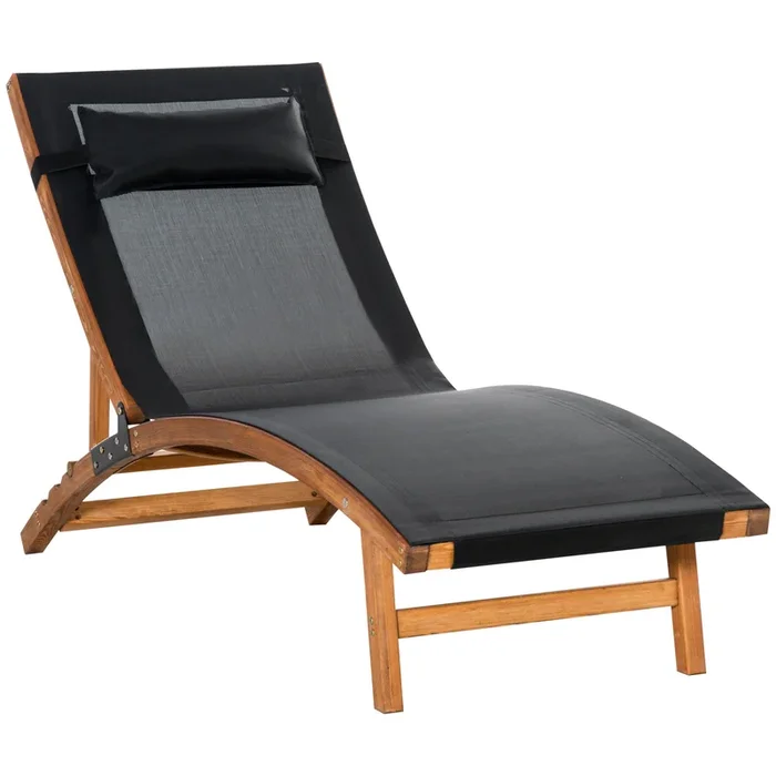Outsunny Tumbona de Jardín Tipo Hamaca con Altura de Respaldo Ajustable Reposacabeza Extraíble y Marco de Madera Ergonómico para Terraza Playa Exterior 182x64x71 cm Negro