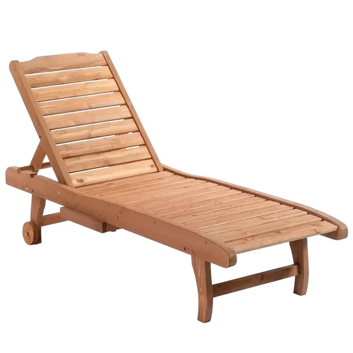 Outsunny Tumbona de Madera Exterior Silla Reclinable de Jardín con 2 Ruedas Respaldo Ajustable en 3 Niveles y 1 Bandeja Carga 130 kg para Terraza Patio Natural
