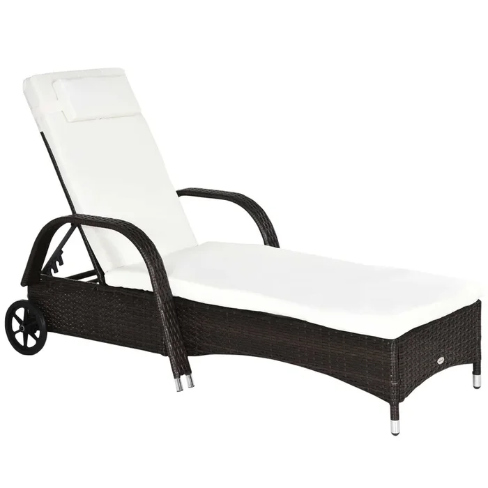 Outsunny Tumbona de Ratán de Jardín Chaise Longue con Respaldo Ajustable en 5 Posiciones Cojines Acolchados Reposacabezas y 2 Ruedas Carga 160 kg 200x73x30-103 cm Crema y Marrón