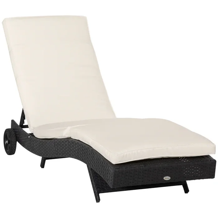 Outsunny Tumbona de Ratán Reclinable Tumbona de Jardín en Forma de S con 2 Ruedas Respaldo Ajustable en 5 Posiciones y Cojín Extraíble para Patio Terraza 207x70x70 cm Negro y Beige