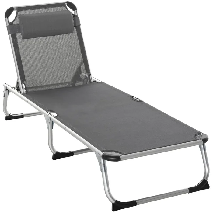 Outsunny Tumbona Plegable Reclinable de Aluminio con Reposacabezas Extraíble y Respaldo Transpirable Ajustable en 4 Posiciones para Jardín Terraza Camping Exterior 165x60x76 cm Gris