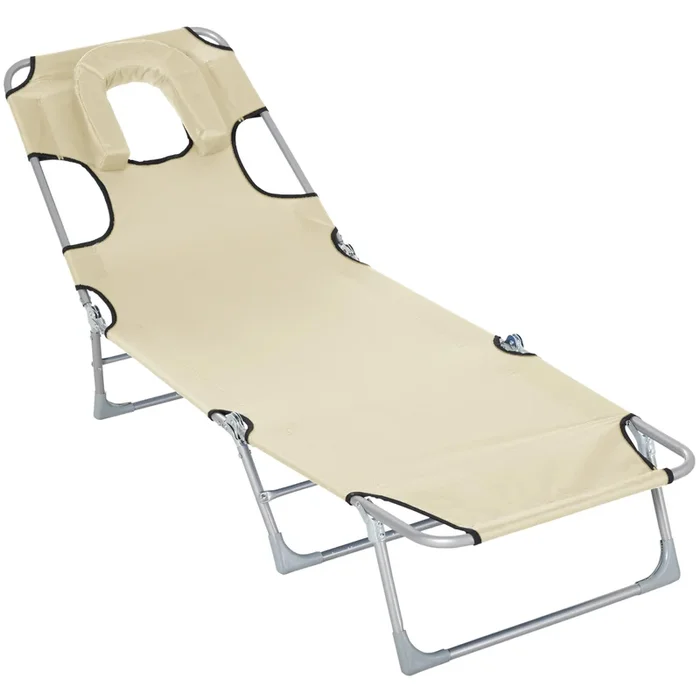 Outsunny Tumbona Reclinable y Plegable de Jardín con Orificio de Lectura Reposacabezas y Respaldo Ajustable en 5 Niveles para Playa 182x56x28 cm Beige