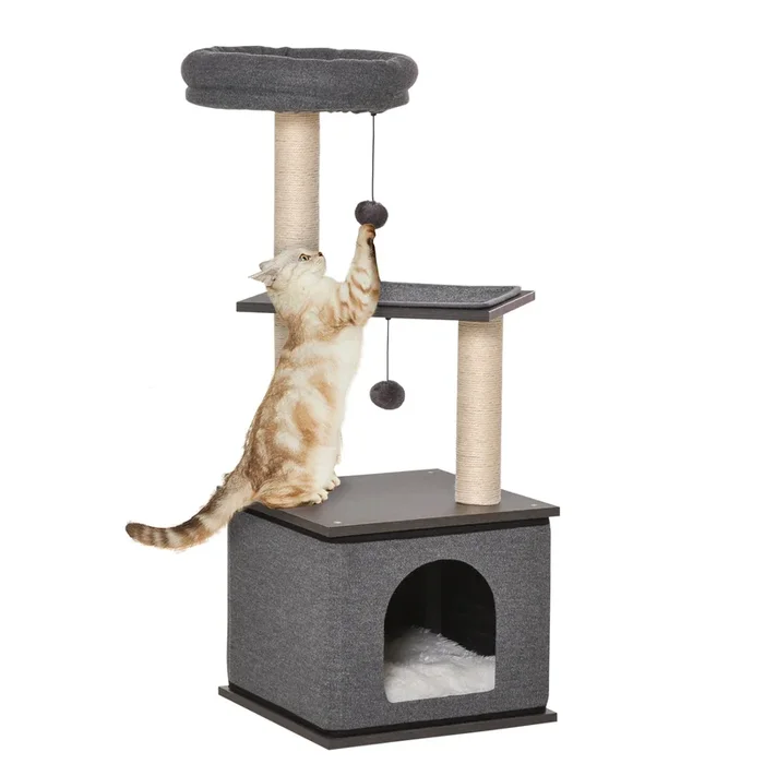 PawHut Árbol para Gatos 40x40x104 cm Torre para Gatos con Cueva de Fieltro Desmontable Postes Rascadores de Sisal Cama Superior Cojines Extraíbles y 2 Bolas de Juguete Gris