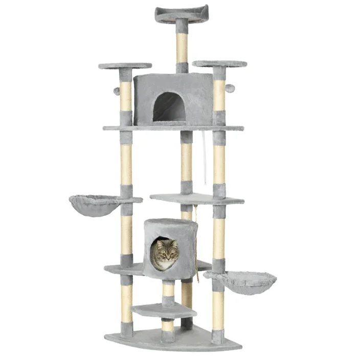 PawHut Árbol Rascador para Gatos Altura 200 cm Torre para Gatos con 2 Cuevas 2 Hamacas Cama Múltiples Plataformas Postes de Sisal y Bolas de Juguete 60x60x200 cm Gris