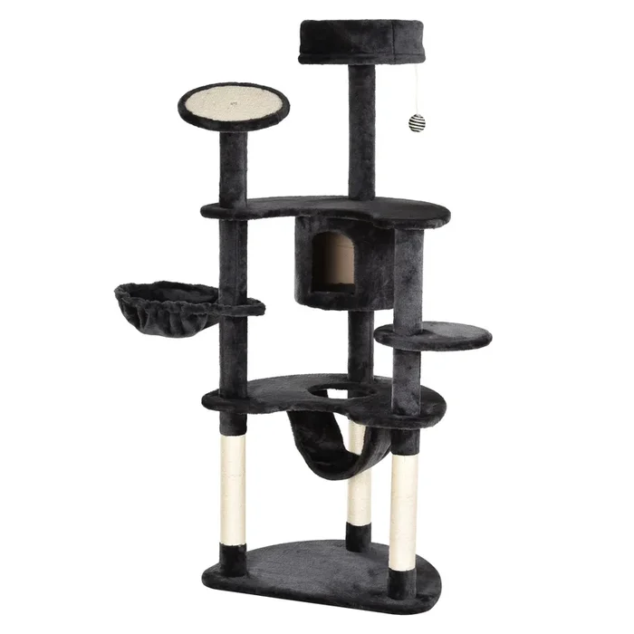 PawHut Árbol Rascador para Gatos Grande 65x50x155 cm Centro de Actividades para Mascotas con Postes Rascadores Tableros Caja Hamaca Canasta Sisal Peluche Gris Oscuro