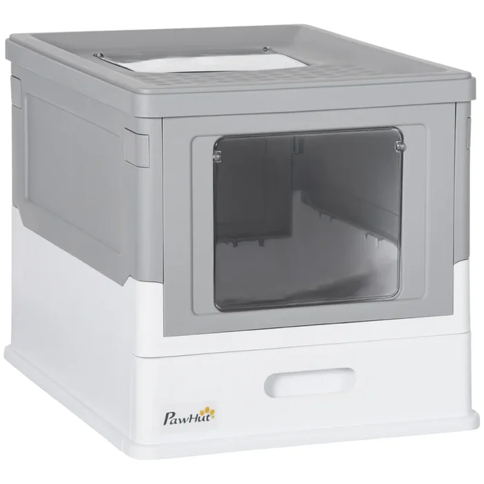 PawHut Arenero para Gatos, Caja de Arena para Gatos Plegable, con Entrada Frontal y Salida Superior, Pala Incluida, 47,5×35,5×36,7 cm, Gris y Blanco