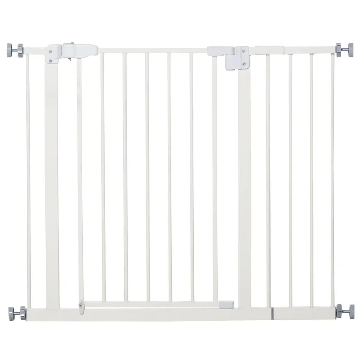 PawHut Barrera de Seguridad Metálica Puerta para Perros con Longitud Ajustable Sistema de Cierre Automático para Escaleras Pasillos 74-97,5×76,2 cm Blanco