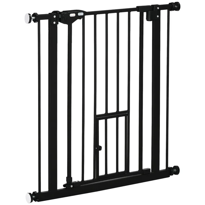 PawHut Barrera de Seguridad para Perros Barrera para Mascotas Extensible con Puerta Pequeño Cierre Automático y Sistema de Doble Bloqueo para Puerta Pasillo Escalera 74-80×76,2 cm Negro
