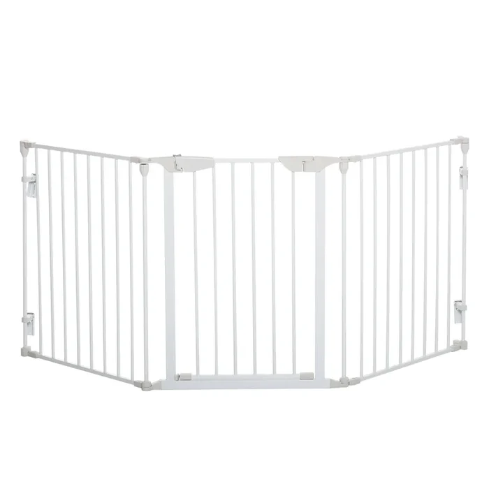 PawHut Barrera para Perros Plegable 180×74,5 cm Valla para Mascotas de 3 Paneles con Cierre Automático Barrera de Seguridad para Escalera Pasillo Blanco