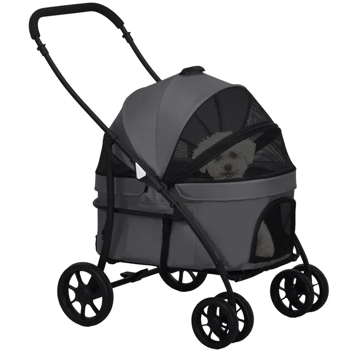 PawHut Carrito para Perros 2 en 1 Cochecito para Perros Pequeños Plegable con 2 Correas de Seguridad 2 Bolsillos Laterales Cojín Lavable y Ruedas Universales Carga 15 kg Gris Oscuro