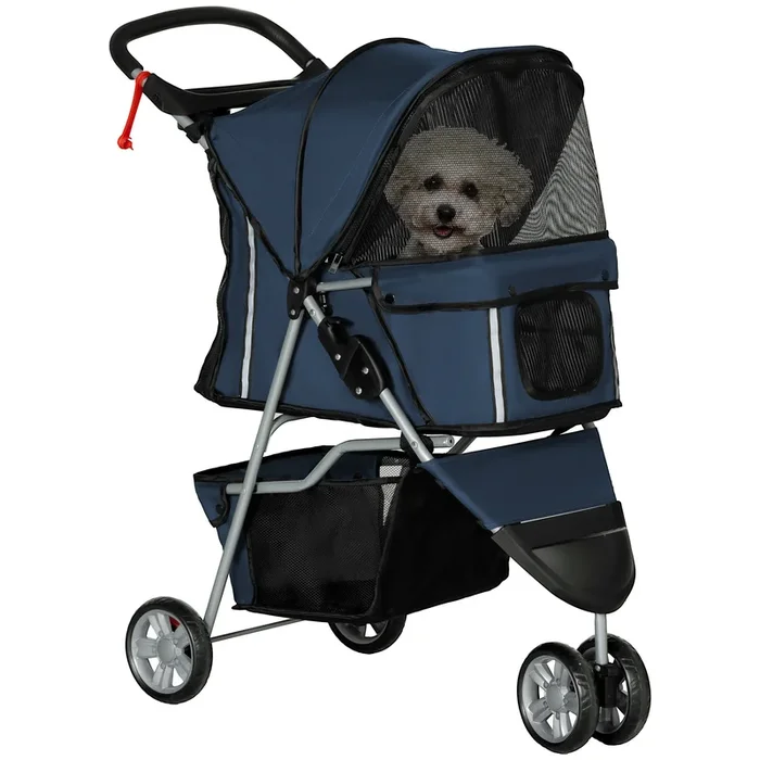 PawHut Carrito para Perros Plegable Cochecito para Mascotas Carrito para Perros Pequeños con Cesta de Almacenaje Ventanas de Malla y 2 Ruedas Universales Carga 15 kg 75x45x97 cm Azul Oscuro