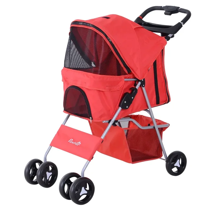 PawHut Carrito para Perros Plegable Cochecito para Mascotas Carrito para Perros Pequeños con Toldo Ajustable Cesta de Almacenaje 2 Ruedas Universales Carga 15 kg 75x46x94 cm Rojo