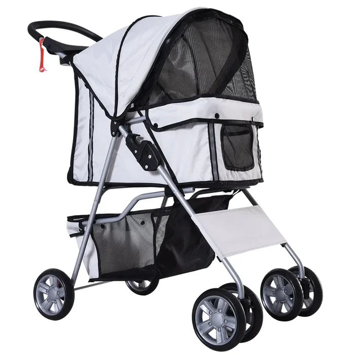 PawHut Carrito para Perros Plegable Cochecito para Mascotas Carrito para Perros Pequeños con Toldo Ajustable Cesta Ventanas de Malla Portavasos y Ruedas Carga 15 kg 75x45x97 cm Gris