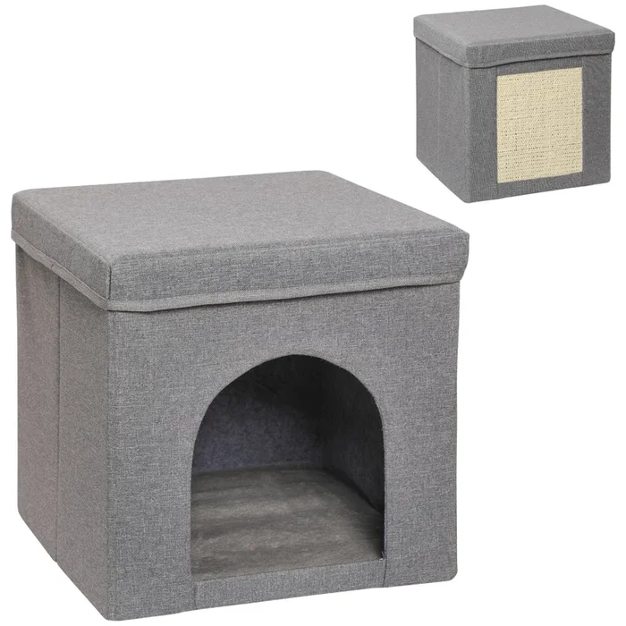PawHut Casa para Gatos Cama para Gatos Casita para Gatos con Tablero de Rascar y Puerta para Interior 36,5×36,5×36,5 cm Gris