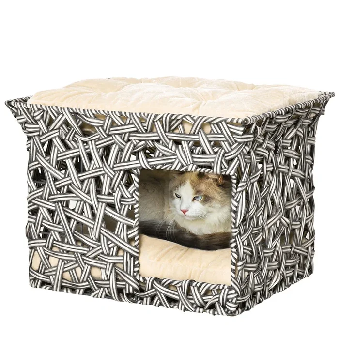 PawHut Cesta de Ratán para Gatos de 2 Pisos Cueva Cama de Gato Tipo Caseta con 2 Cojines Suaves Estructura de Metal 51x42x37 cm Gris y Beige