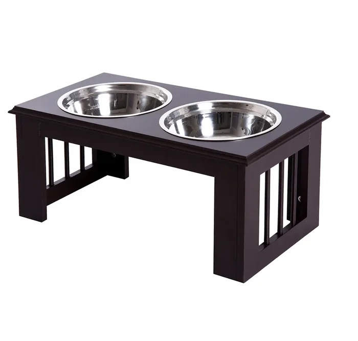 PawHut Comedero Elevado para Perros con Soporte y 2 Cuencos Extraíbles de Acero Inoxidable Alimentador para Mascotas Alimento y Agua 58,4×30,5×25,4 cm Marrón