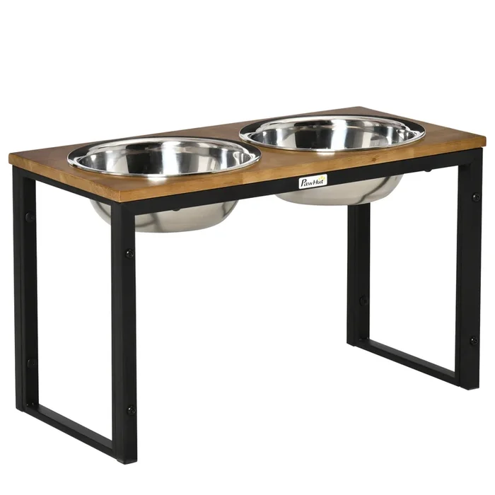 PawHut Comedero para Perros Elevado con 2 Cuencos de Acero Inoxidable Desmontables Alimentador de Agua Comida para Mascotas Grandes Medianos 58x30x35,5 cm Negro y Roble
