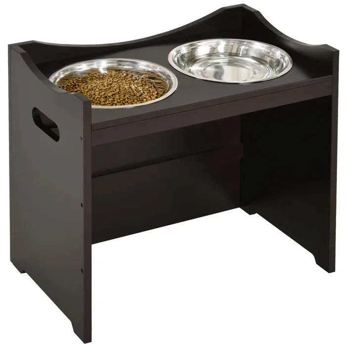 PawHut Comedero para Perros Elevado Cuencos para Perros con 2 Tazones de Acero Inoxidable y Altura Ajustable 54×31,5×47 cm Café