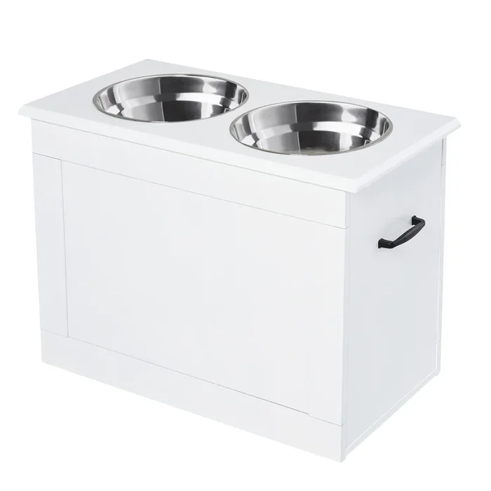 PawHut Comedero Perro Elevado con 2 Cuencos de Acero Inoxidable 2×2000 ml Comedero Elevado para Perros Grandes con Tapa Abatible y Almacenamiento Oculto Blanco