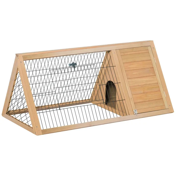PawHut Conejera de Madera 116×62,2×52,5 cm Jaula para Conejos en Forma de Triangular con Puertas y Rejilla Metálica Madera Natural
