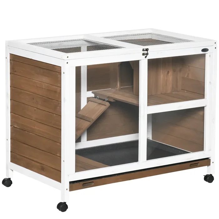 PawHut Conejera de Madera con Ruedas 91,5×53,3×73 cm Jaula para Conejos de 2 Niveles con Techo Abatible Bandeja Extraíble y Rampa Marrón