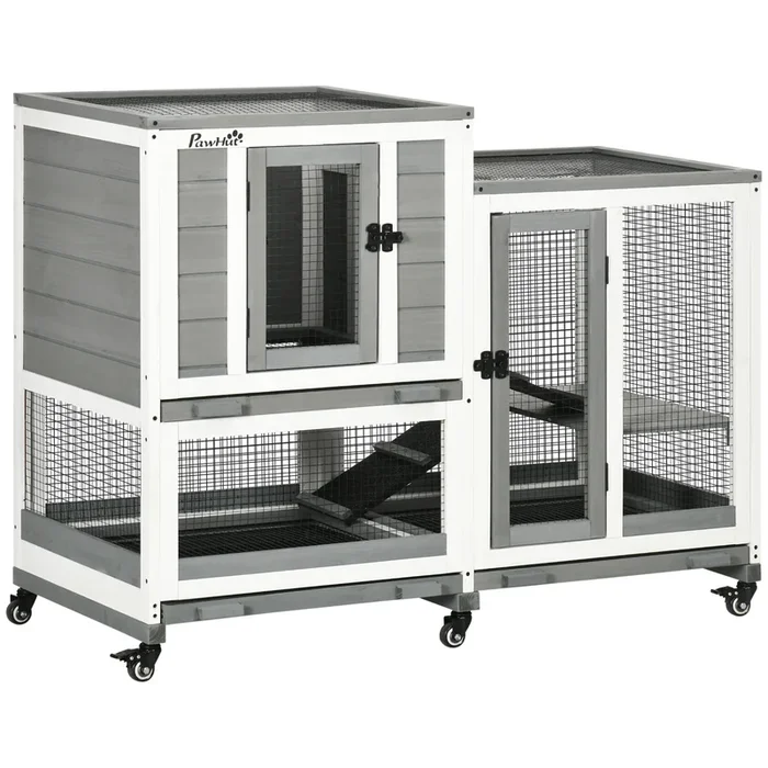 PawHut Conejera de Madera de 2 Niveles Jaula para Conejos con 6 Ruedas 2 Escaleras 3 Bandejas Extraíbles Puertas con Cerraduras y Zona Abierta Conejera para Interior 110x50x86 cm Gris