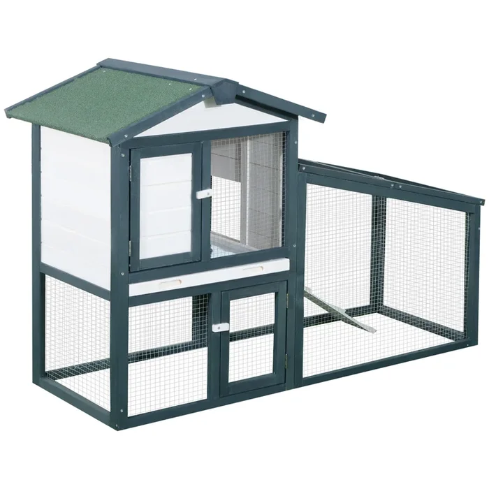 PawHut Conejera de Madera Exterior Jaula para Conejos de 2 Niveles con Bandeja Extraíble y Múltiples Entradas Techo de Asfalto Cobayas Gallinas 140x65x100 cm Verde