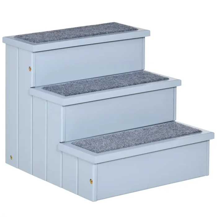 PawHut Escalera para Mascotas 3 Peldaños con Espacio de Almacenaje y Alfombra Antideslizantes Portátil Madera para Vehículo Carga 30 kg 40,5×44,5×38 cm Gris