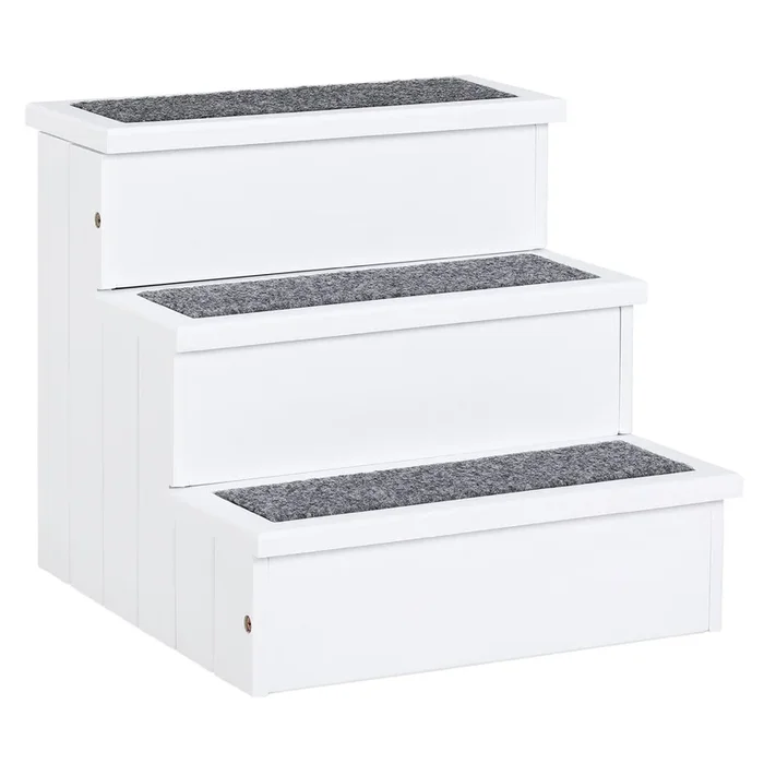 PawHut Escalera para Mascotas 3 Peldaños con Espacio de Almacenaje y Alfombra Antideslizantes Portátil Madera para Vehículo Carga 30 kg 40,5×44,5×38 cm Blanco